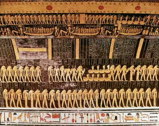 Detalhe do livro do dia do teto da câmara funerária do túmulo de Ramsés VI (r.1143-1136 aC) Novo Reino (pintura de parede)