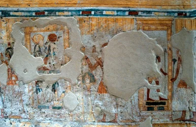 Antiquite egípcio: representação de Shuroy e sua esposa adorando o deus Thot e a deusa Rá. Pintura da Tumba de Shuroy