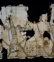 Papiro representando a cena satírica, ca. 1100 aC, datada do reinado de Ramesses IX, Detalhe, Civilização Egípcia, Novo Reino, Dinastia XX