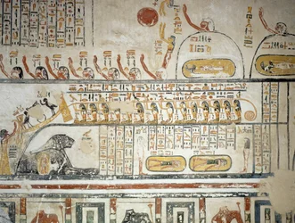 Procissão seguindo a navegação celestial do deus Sol Ra, Livro da Terra, detalhe de afrescos de câmara funerária da Tumba de Ramesses VI, Vale dos Reis, Luxor, Tebas (Lista do Património Mundial da Unesco