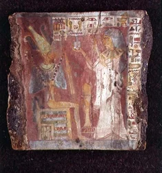 Interior do sarcófago do cantor, Toarnemiherti, mostrando o falecido oferecendo incenso a Osíris entronizado, Terceiro Período Intermediário (pedra pintada) (ver também 107960)
