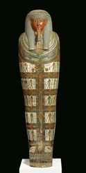 Cartonagem de múmia de Nespanetjerepenere, possivelmente de Tebas, Terceiro Período Intermediário (linho pintado ou papiro misturado com gesso) (para detalhes ver 104180)