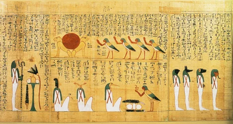 Papiro mitológico de Imenemsauf, portador principal de Amon. Detalhe: hino ao sol retratado como dois leões