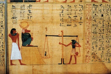 Papiro mitológico de Imenemsauf, portador principal de Amon. Detalhe: pesagem da alma perante o deus babuíno Thoth
