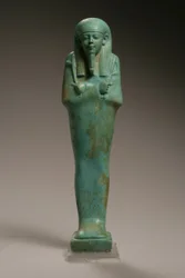 Figura de Ushabti para Hekaemsaf, almirante da frota, reinado de Amasis, 570-526 aC (faiança) (ver 270355 para reverso)