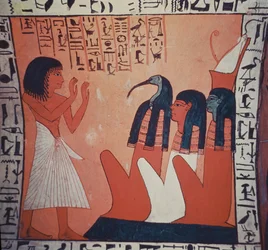 Pintura de túmulo representando os que partiram antes de Osíris, Isis e Thoth