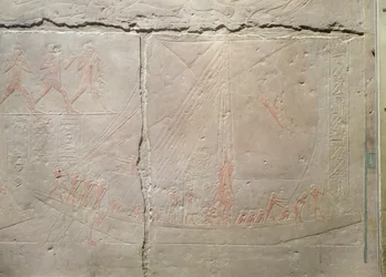 Relevo retratando uma jornada de barco, a partir do Mastaba de Akhethotep, Old Kingdom, c.2400 aC (calcário pintado)