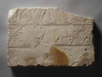 Socorro com animais do deserto, Reino Antigo, encontrado em Saqqara, c.2472-2455 aC (calcário pintado)