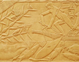 Cena de pesca, a partir do Mastaba de Kagemni, Old Kingdom (calcário)
