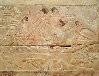 Relief retratando homens em um barco, do túmulo da princesa Idut, Old Kingdom, c.2330 aC (calcário pintado)