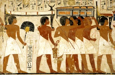 Egito Antigo, pintura, procissão fúnebre, túmulo de Ramose, homens transportando tesouros, Tebas, Vale dos Nobres