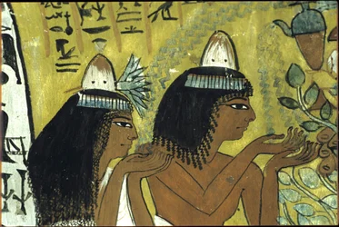 Antigo Egipto, Pintura mural, Sennedjem e esposa adorando Ísis na árvore de Persea, Túmulo de Sennedjem, Tebas, Deir el Medina