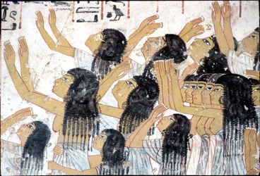 Antigo Egipto, Pintura mural, Mulheres em lamentação num cortejo fúnebre, Túmulo de Ramose, Tebas