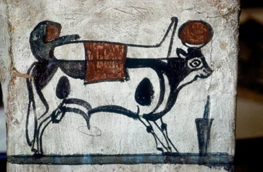 Pormenor de um sarcofago de madeira com a representação do touro sagrado Api, carregando uma múmia às costas (mural)