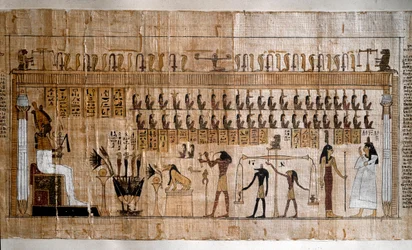 Antiguidade egípcia: a pesagem das almas (psicostasia). Papiro de um Livro dos Mortos. Turim, Museu Egípcio.