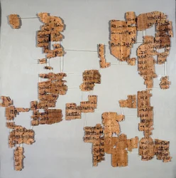 Antiquite egípcia: fragmentos do papiro conhecido como o Cónego Real ou "papiro real" contendo a lista de faraós da 1ª à 17ª dinastia. Turim, museu egípcio