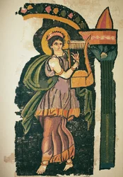Mulher tocando uma lira, século V-VI (lã tecida)