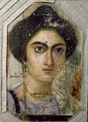 Antiquito egípcio: retrato fúnebre de uma mulher. Pintura em madeira. Fim do século II. De Fayum (Fayum) no Egito. Florença, museo archeologico.