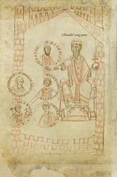 Árvore genealógica da Dinastia Saliana: Conrado II, Henrique III, Henrique IV, sua esposa Eupraxia de Kiev, Henrique V, século XII