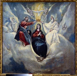 A coroação da Virgem, pintura de Domenikos Theotokopoulos, conhecido como El Greco (1541-1614), 1595, dimensões: 0,99 x 1,01 m, Madrid, Museu do Prado