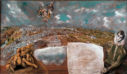 Vista da Cidade de Toledo (Toledo) em Espanha e do avião abaixo à direita Pintura de Domenikos Theotokopoulos dit El Greco (1541-1614) 1608-1614 Sol. 132x228 cm Museu de Toledo de Greco