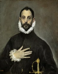 Espanhol:  El caballero de la mano en el pecho O nobre com a mão no peito
