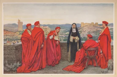 Santa Catarina de Sena a negociar com o Papa Gregório XI em nome dos Florentinos.