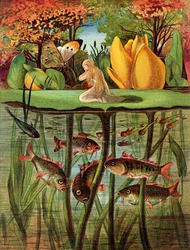 Tommelise muito desolado na folha de nenúfar, em &39;Thumbkinetta&39; de contos de fadas de Hans Christian Andersen, 1872