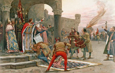 Kalman I (1068-1116), rei da Hungria, proibindo a queima de bruxas (cromolitho)