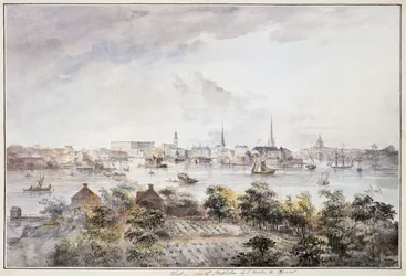 Uma vista de Estocolmo de Kungsholmen com o Palácio Real e a Grande Igreja, a Igreja Alemã, a Igreja de Katarina e a Igreja de Riddarholm,