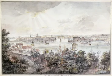 Uma vista de Estocolmo de Soder com o Palácio Real, Storkyrkan, Riddarholmskykan e Tskakykan,