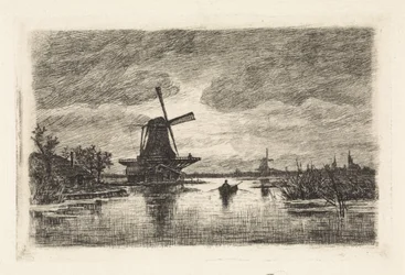 Paisagem com dois moinhos e um barco a remos