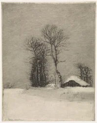 Paisagem de inverno com fazenda e árvores