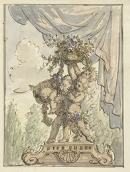 Três putti com um cesto de flores