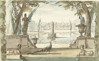 Vista num jardim com um lago, uma fonte e um pavão