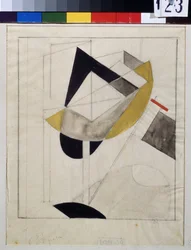 Proun 19 (Proun 19) - Obra de Lazar Lissitskij dit El Lissitskij (Lissitsky ou Lissitski ou Lissitzky) (1890-1941), Guache e tinta sobre papel, por volta de 1920 - vanguarda russa, início do século 20, arte abstrata - Estado Tretyakov Galeria, Moscou