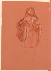 Desenho, estudo de uma figura num traje com capuz, ca. 1885