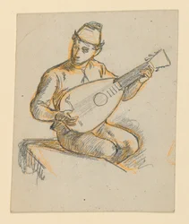 Menino sentado tocando um alaúde