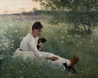 Rapariga com gatos numa paisagem de verão