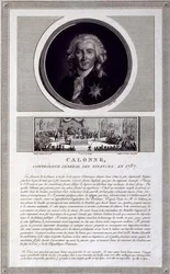 Calonne, Controller General of Finances, em 1787, retrato gravado por Charles Levachez (fl.1760-1820), com uma cena da Assembleia dos Notáveis de Jean Duplessis-Bertaux (1747-1819), c.1803 (gravura)