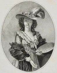 Autorretrato com paleta, da pintora francesa Elisabeth Vigee Le Brun, litografia de Giovanni Mariani de Poliorama Pittoresco, n 42, 28 de maio