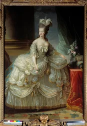 Retrato no pé de Maria Antonieta por Lorraine Habsburg Rainha da França (1755-1793) em grande terno de corte, uma rosa na mão Pintura de Marie Elisabeth Louise Vigee Le brun (ou Vigee-Lebrun ou Vigee Lebrun) (1755-1842) Sol do século XVIII. 2,23 x 1,58 m
