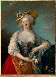 Retrato de Elisabeth Philippine Marie Helene da França conhecida como Madame Elisabeth (1764-1794), irmã de Luís XVI representada em 1782, num traje de campo apresentando flores Pintura de Marie Elisabeth Louise Vigee Le brun (ou Vigee-Lebrun ou Vigee Lebr