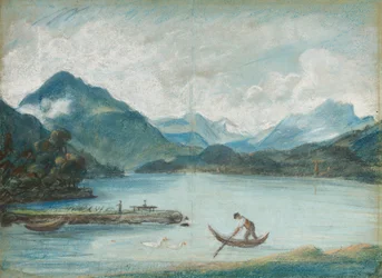 Vista do Lago de Genebra com um homem remando um bote e dois cisnes