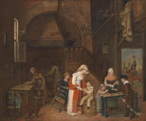  Visita ao Cake Baker, (na mesa) indistintamente assinado, datado de M. E. De Latour 1822