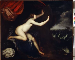 Riyadane (Riyadane) sentou-se no Abandono. Pintura de Elisabetta Sirani (1638-1665). Huille sur Toile