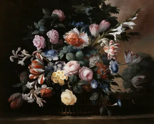 Natureza-morta de flores de verão com rosas, prímulas e tulipas. Pintura de Elise Bruyere (1776-1842) Coleção particular.