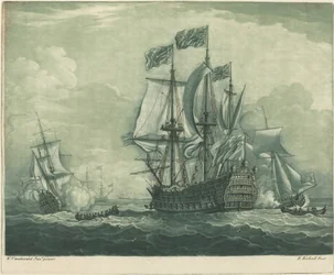 Cena do navio com o Man-of-War, década de 1720.