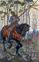 Um cavaleiro de armadura viaja pela floresta, ilustração de "King Arthur