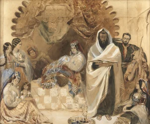 Um Brit Milah em Tangiers, 1838 (wc e bodycolour em papel, incrustado com vidro colorido)